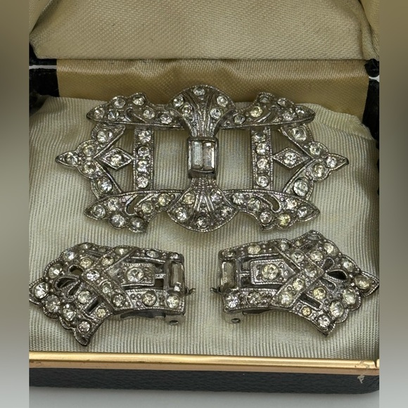 Antique Art Deco Double Dress Clip Clear Rhinestone Brooch - Picture 2 of 15